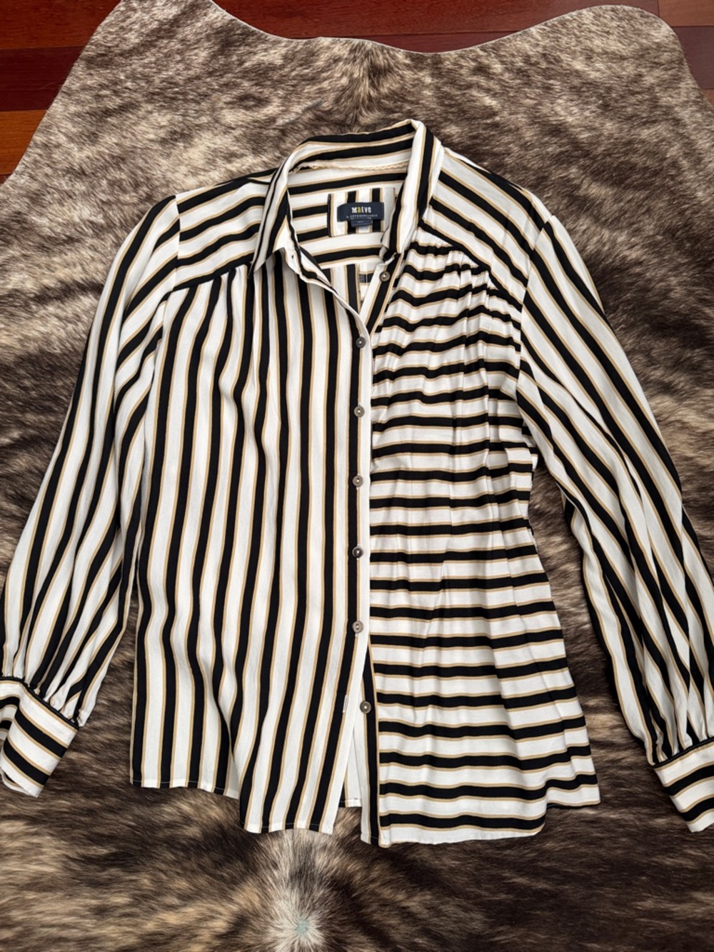 Maeve Black Cream White Striped Button-Down Blouse